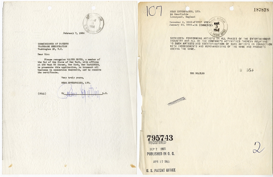 The Beatles Brian Epstein Historic Twice-Signed "Beatles" Trade Mark Application Original File Documents (Caiazzo)