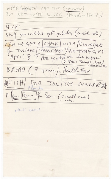 John Lennon 1980 Handwritten Grocery and To-Do List with References to His Cats, Yoko, Julian and Sean (Caiazzo Guaranteed)