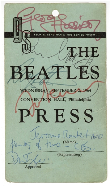 The Beatles Only Known Signed 1964 Derek Taylors Concert Press Pass (Caiazzo & REAL)