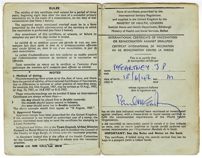 Paul McCartney 1968 Signed and Filled-Out International Smallpox Vaccination Certificate (Caiazzo Guaranteed)