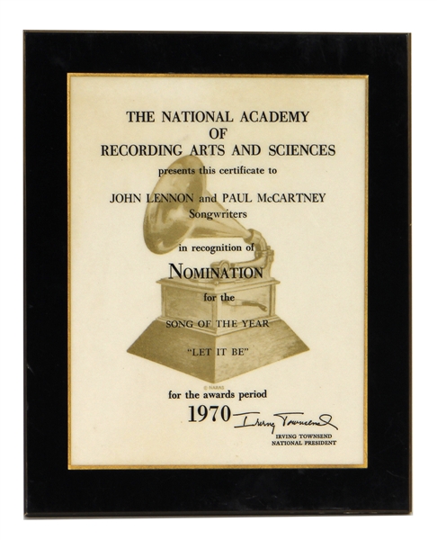 The Beatles Original Grammy Nomination Plaque for "Let It Be" Presented to John Lennon and Paul McCartney