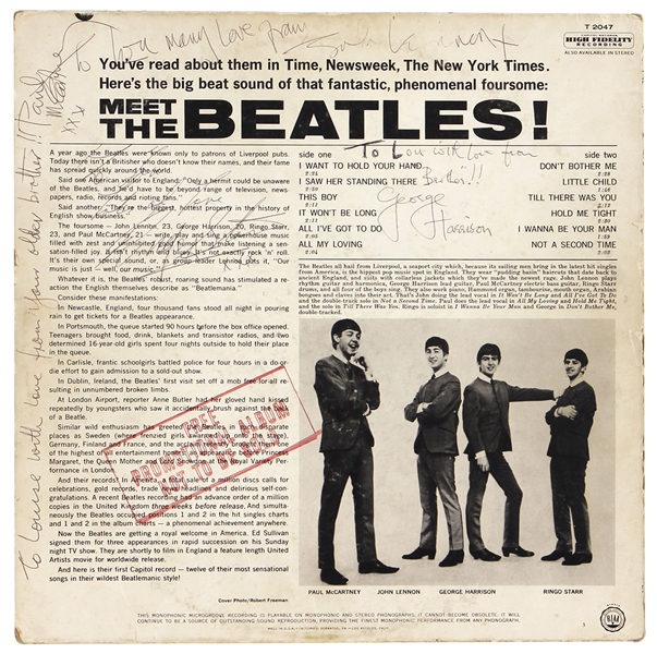 The Beatles First Ever U.S. Album Signed “Meet the Beatles” Signed to George Harrison’s Sister 2 Days After Their First Historic Ed Sullivan Show with Photographs on 2/11/1964 (Caiazzo & REAL)