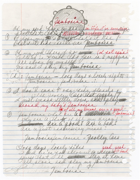 Prince Handwritten and Initialed "Tamborine" Working Lyrics with Drawing (REAL)
