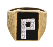 Elvis Presley Owned and Worn Initial "P" 14kt Gold, Diamond and Onyx Ring