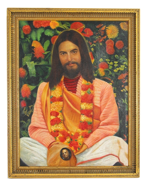 The Beatles George Harrison Hare Krishna Devotee Original Painting with a Likeness of Srila Prabuphada on the Bead Bag