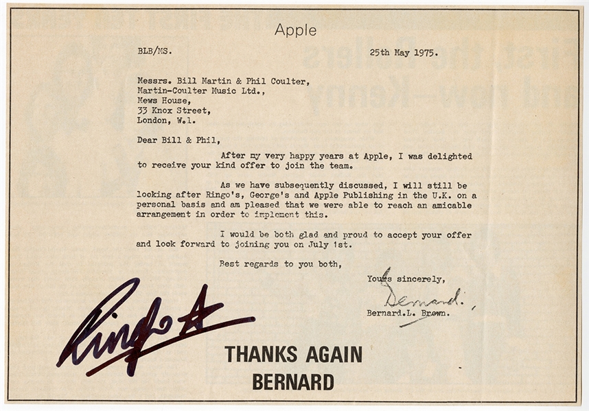 Ringo Starr Signed 1975 Apple Records Job Acceptance Letter (REAL)