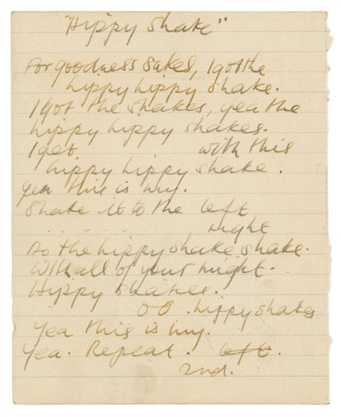 The Beatles Stuart Sutcliffe Early 1960s Hippy Hippy Shake Handwritten Lyrics (Tracks UK & Caiazzo Guaranteed)
