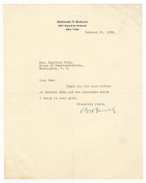 Bernard Baruch Signed Letter