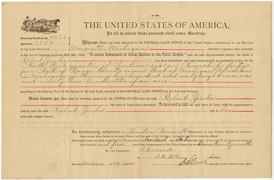 1905 Teddy Roosevelt (Secretarial Signed) Land Grant