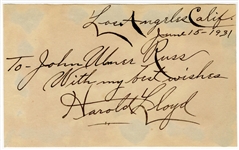 Harold Lloyd Inscribed Signature Cut