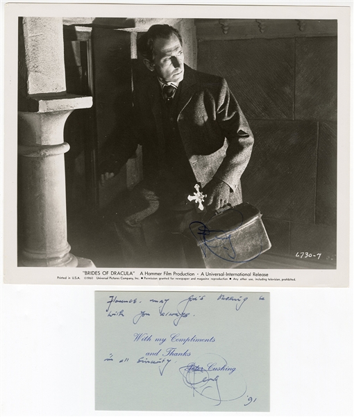 Peter Cushing Signed Photograph and Note Page    