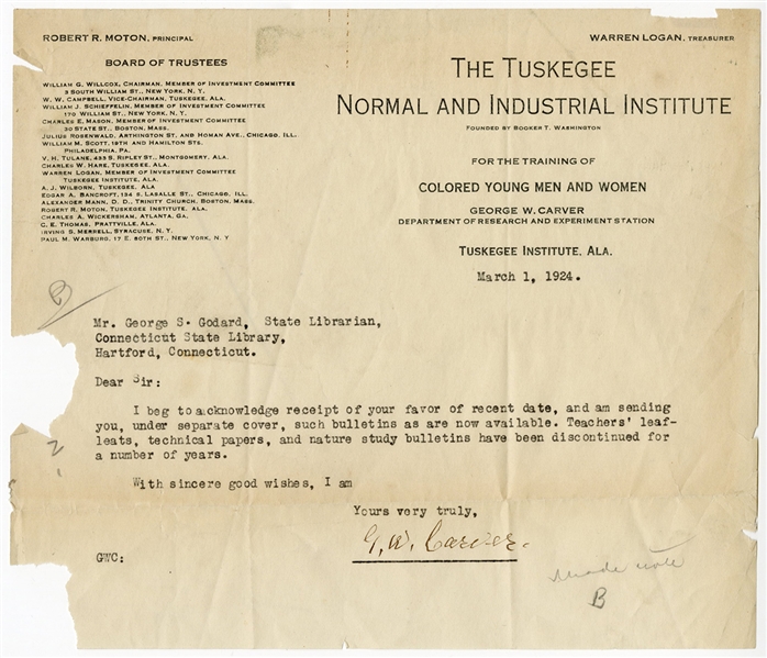 George Washington Carver Signed Tuskegee Institute Document (1924)  