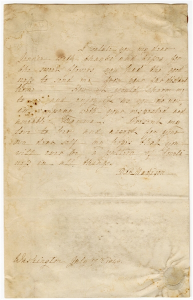 Dolley Madison Handwritten Signed Letter          