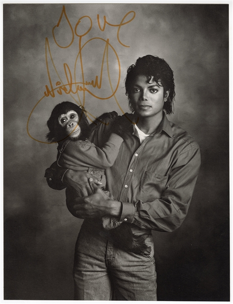 Michael Jackson Signed Oversized Photograph with His Pet Chimp Bubbles (JSA)