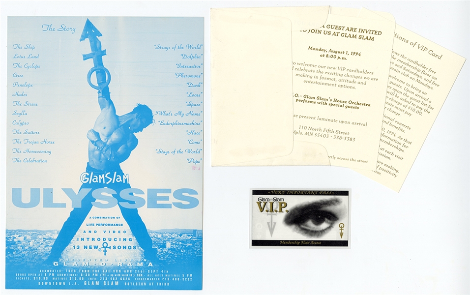 Prince Glam Slam Flyer for “Ulysses” Production, Incredibly Rare VIP Membership Card and 2 Christmas Cards