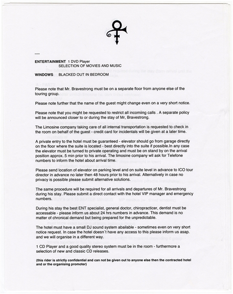 Prince Original Hotel Demand Sheet as “Mr. Bravestrong”, Stage Plans (2) and Stage Used Setlists (9)