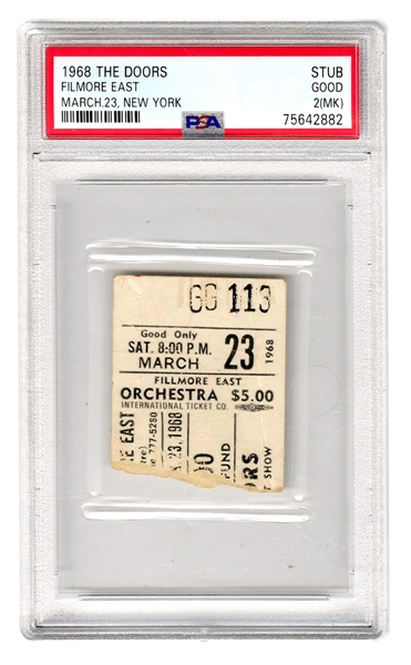 1968 The Doors Fillmore East Incredibly Rare Concert Ticket Stub 3/23/68 (PSA/DNA Encapsulated 2)