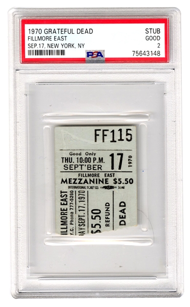1970 Grateful Dead Fillmore East 9/17/70 Incredibly Rare Concert Ticket Stub (PSA/DNA Encapsulated 2)