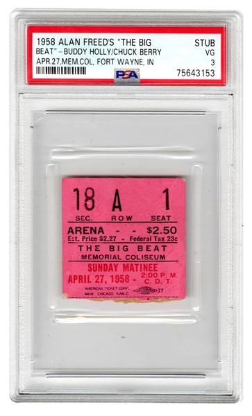 1958 Buddy Holly & Chuck Berry 4/27/1958 Incredibly Rare Concert Ticket Stub (PSA/DNA 3)