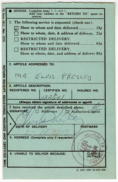 Elvis Presley Signed Original USPS May 12, 1977 Delivery Notification