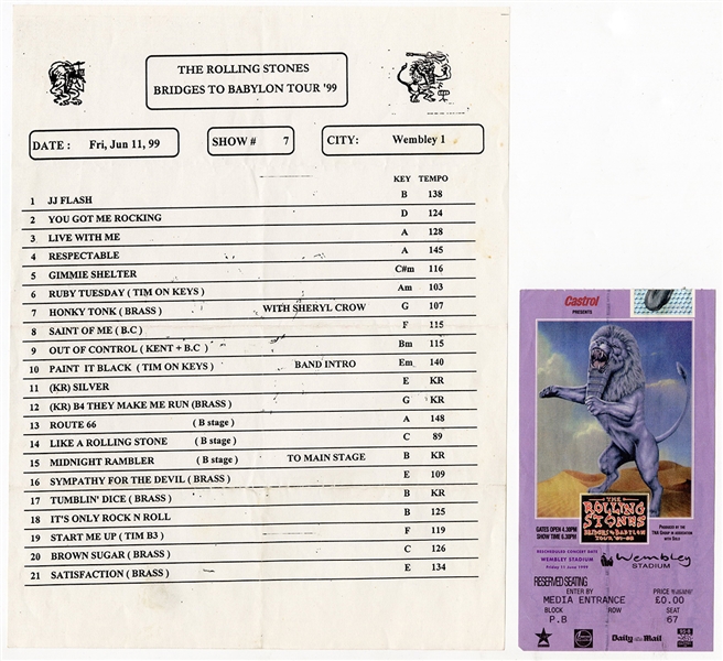Rolling Stones "Bridges To Babylon 99 Tour" Concert Used Set List and Wembley Stadium Backstage Press Pass