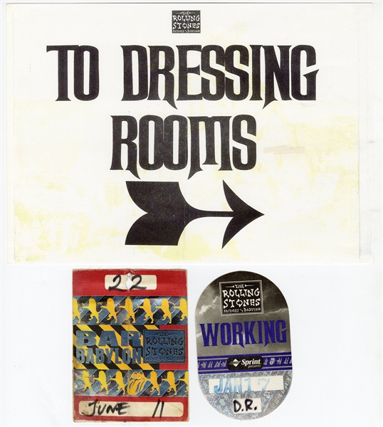Rolling Stones "Bridges To Babylon Tour" Original Backstage Dressing Room Sign and Working Backstage Passes