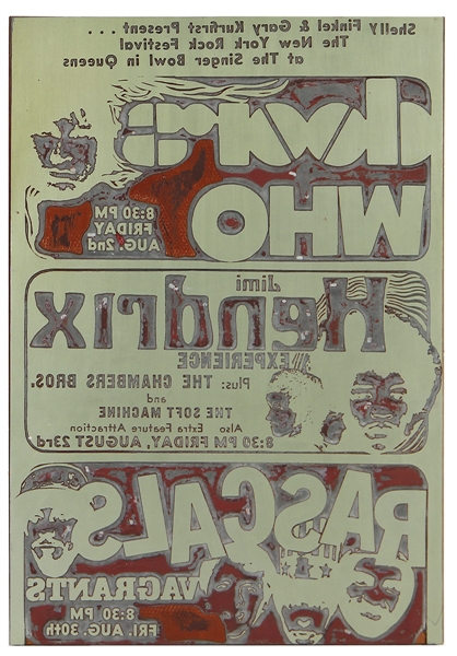 Jimi Hendrix, The Doors and The Who Original Poster Printing Plate from August 2, 1968, Singer Bowl 