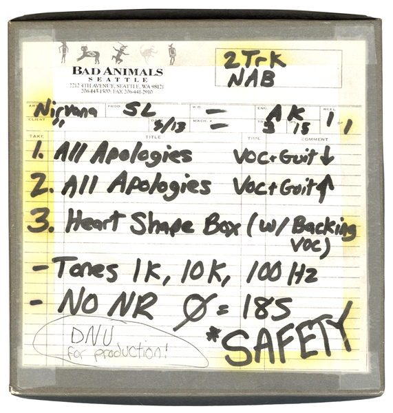 Nirvana Original 1993 Safety Studio Master Tape of “All Apologies” and “Heart Shaped Box”