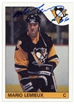 Mario Lemieux Signed Pittsburgh Penguins 1985 Topps RC Rookie Card #9 with Rookie Era Signature (JSA)