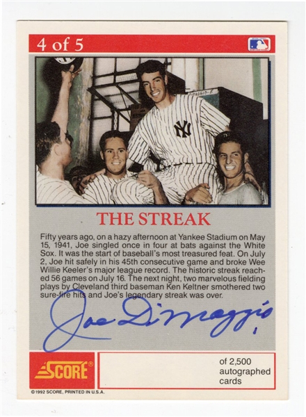 1992 Score Joe DiMaggio (The Streak-Autograph) #4 Autographed Card