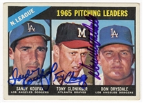 Sandy Koufax, Tony Cloninger & Don Drysdale Signed 1965 Topps Pitching Leaders Card #223