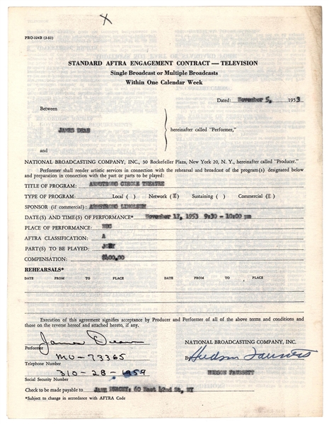 James Dean Rare Signed 1953 AFTRA Engagement Contract with NBC Television (JSA)