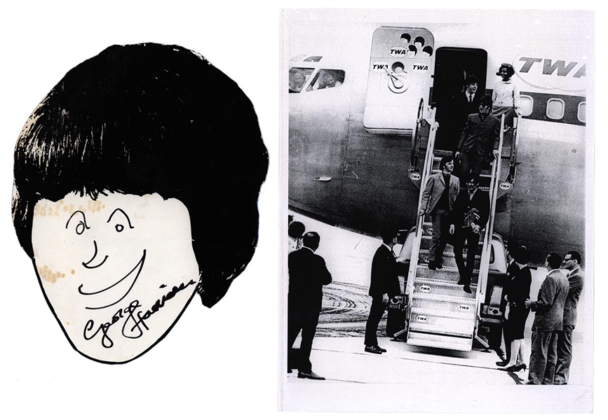 George Harrison Original 8/13/1965 Hand-Drawn and Signed Caricature Self-Portrait As Seen On The Inside Plane Door Landing In New York (Caiazzo, REAL)