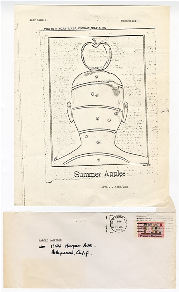 John Lennon & Yoko Original “Summer Apples” Picture of Head with Bullets and Apple with Original Annotated Envelope