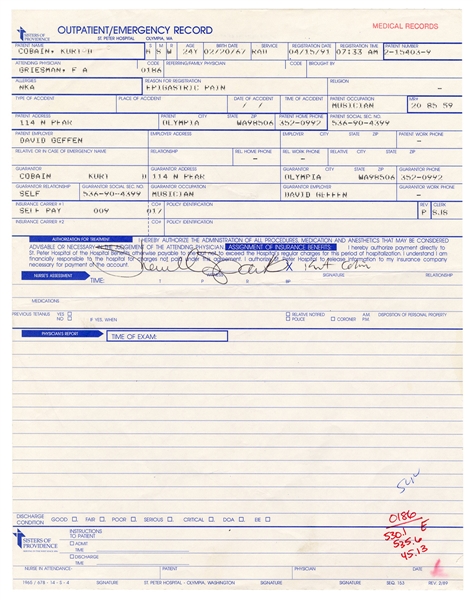 Kurt Cobain Signed Medical Record from Trip to ER for Recurrent Stomach Issues That Led to Drug Addiction (JSA)