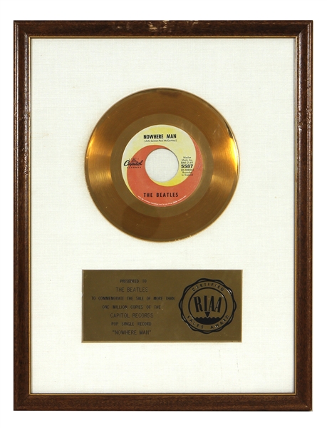 The Beatles “Nowhere Man” RIAA White Matte Gold 45 Record Award Presented to The Beatles