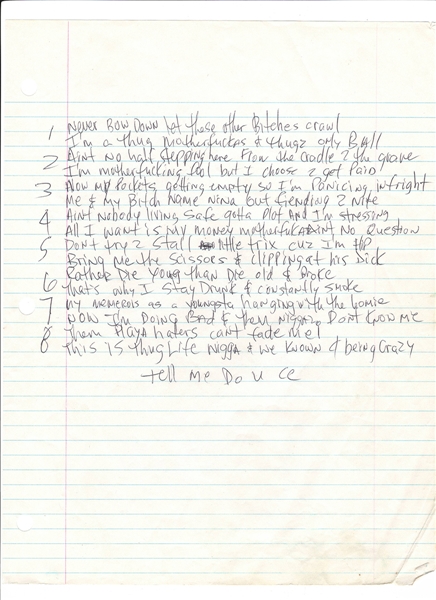 Tupac Shakur Handwritten "Lifes So Hard (OG)" Lyrics (JSA)