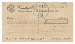George Harrison 1979 Double Signed Initialed And Filled Out Coutts & Co London Cheque