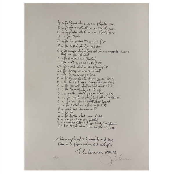 John Lennon Bag One Signed “An Alphabet” Lithograph