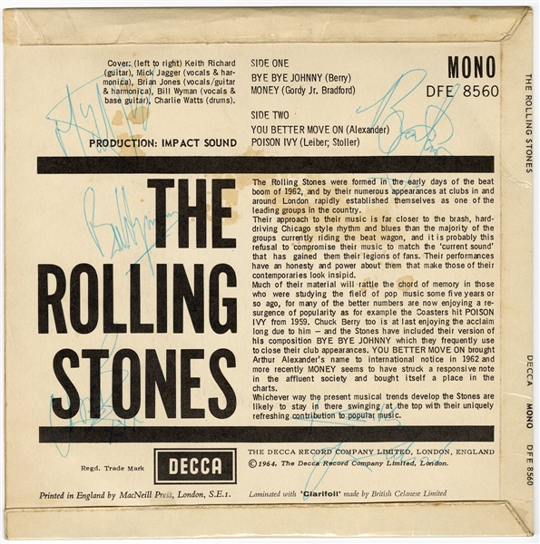 The Rolling Stones Signed 1964 Decca 45 Mono Record with Brian Jones (JSA)