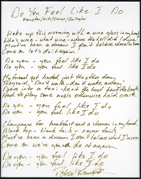 Peter Frampton Handwritten “Do You Feel Like I Do” Lyrics (REAL)