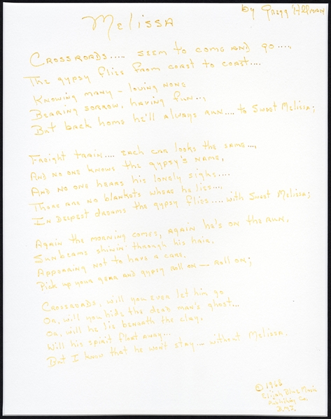 The Allman Brothers Gregg Allman Handwritten & Signed “Melissa” Lyrics (REAL)