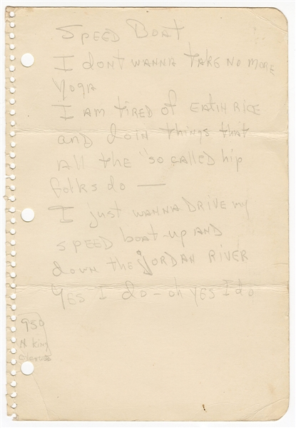 Gregg Allman Circa 1972 Handwritten “Speed Boat” Lyrics (REAL)