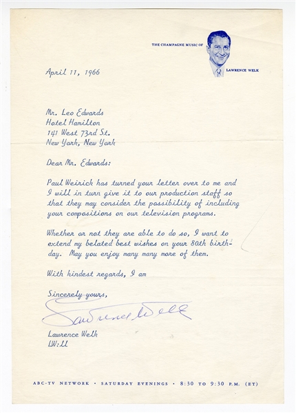 Lawrence Welk Signed Letter on His Professional Letterhead