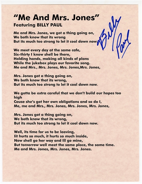 Billy Paul Signed “Me and Mrs. Jones” Lyric Sheet