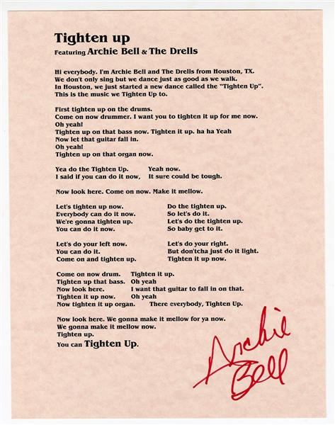 Archie Bell Signed “Tighten Up” Lyric Sheet