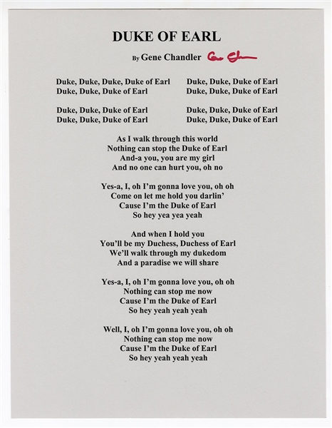 Gene Chandler Signed “Duke of Earl” Lyric Sheet