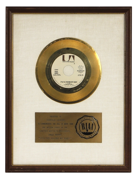 Paul Anka “(You’re) Having my Baby” RIAA White Matte Gold 45 Record Award