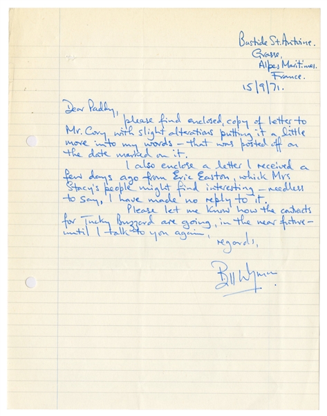 Bill Wyman 1971 Handwritten Letter To Lawyer Paddy Grafton Green Bill Wyman Archive