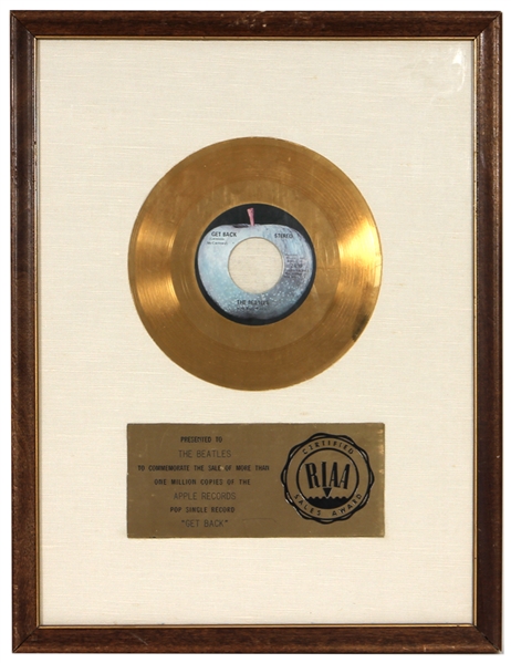 The Beatles “Get Back” RIAA White Matte Gold 45 Record Award Presented to The Beatles